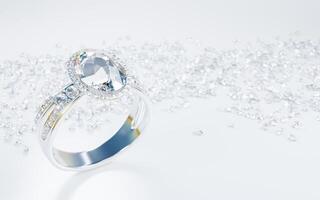 den stora diamanten är omgiven av många diamanter på ringen gjord av platinaguld placerad på en grå bakgrund. elegant bröllop diamantring för kvinnor. 3d-rendering foto