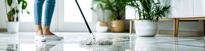 ai genererad en person moppning en skinande vit golv, symboliserar renlighet och inhemsk vård. foto