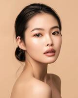 ai genererad Foto av ett asiatisk kvinna modell på neutral beige bakgrund
