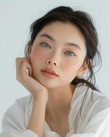 ai genererad Foto av ett asiatisk kvinna modell på vit bakgrund