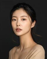 ai genererad Foto av ett asiatisk kvinna modell på mörk bakgrund
