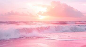 ai genererad skön solnedgång på de strand med mjuk vågor och pastell färger foto