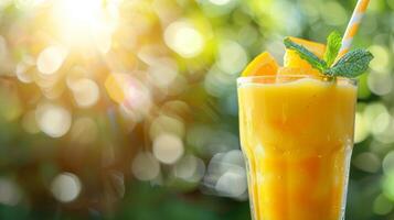 ai genererad färsk orange juice i glas med mynta löv på suddig bakgrund, perfekt för text placering foto