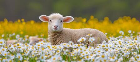 ai genererad ung lamm i daisy fält lugn natur landskap med bruka djur, idealisk för text placering foto