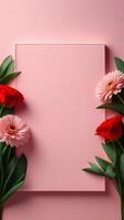 ai genererad ram av blommor, rosa bakgrund foto