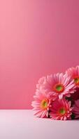 ai genererad minimalistisk bakgrund för Instagram, berättelse formatera, rosa bakgrund med blommor foto