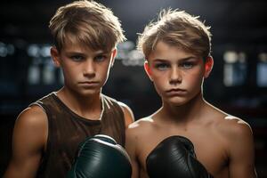 ai genererad boxare pojke med en sparring partner på en Gym ringa bakgrund foto