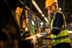 fabrik ingenjör kvinna stående självsäker till kontrollera panel växla. arbetstagare Arbetar på tung maskin på industri fabrik. arbetstagare kontroll timmer av rå trä material. smart industri arbetstagare fungerar. foto