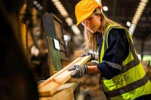 fabrik ingenjör kvinna stående självsäker till kontrollera panel växla. arbetstagare Arbetar på tung maskin på industri fabrik. arbetstagare kontroll timmer av rå trä material. smart industri arbetstagare fungerar. foto