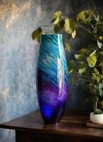 ai genererad färgrik dekorativ glas vas med grön och blå mönster på de tabell. stänga upp. ai generativ foto