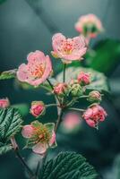 ai genererad rosa blommor buske med grön löv foto