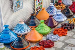 tajines i de marknadsföra, marrakech, marocko foto