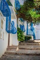 sidi bou sa - typisk byggnad med vit väggar, blå dörrar och fönster, tunisien foto