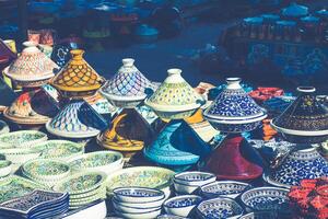 tajines i de marknadsföra, marrakech, marocko foto