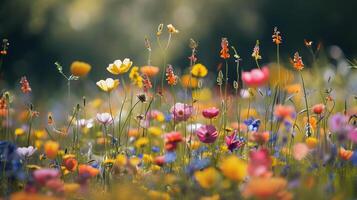 ai genererad springtime blomma äng, blomning fält bakgrund foto