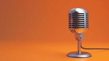 ai genererad podcast mikrofon med vibrerande orange bakgrund baner för inspelning studio, kopia Plats foto