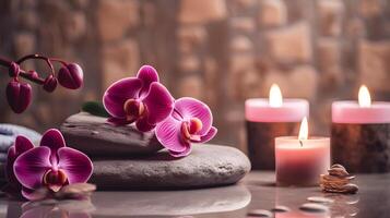 ai genererad spa stenar med rosa orkidéer och ljus foto