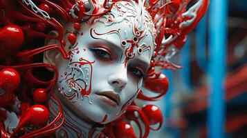 ai genererad närbild av en kvinna med röd klistermärken dekorera henne ansikte, skapande en nyckfull och festlig se. foto