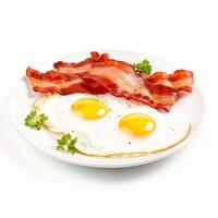ai genererad två ägg och bacon på en vit tallrik foto