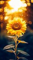 ai genererad en vibrerande gul solros med vatten droppar på dess kronblad, blänkande i de solljus foto
