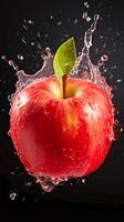 ai genererad tre mogen äpplen är faller in i en kropp av vatten, skapande krusningar och stänk som de sjunka foto