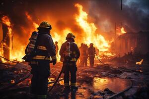 ai genererad grupp av brandmän stående i främre av brand foto