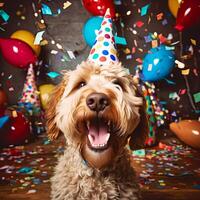 ai genererad Lycklig söt labradoodle hund i festlig hatt foto