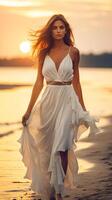 ai genererad kvinna i vit klänning gående på strand foto