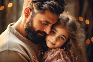 ai genererad familj tid. en far innehar hans dotter i hans vapen foto