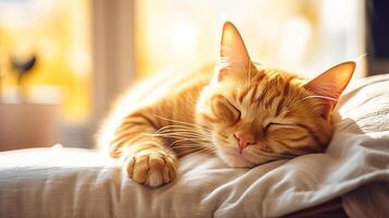 ai genererad ett orange katt är lugnt sovande på topp av en fluffig vit filt i en mysigt inomhus- miljö. de katt är ringlad upp med dess ögon stängd, vilar bekvämt på de mjuk yta. foto