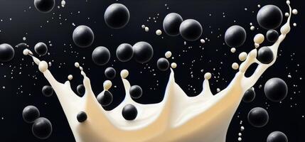 bubbla mjölk te med tapioka bollar stänk mot svart bakgrund. taiwan mjölk te med boba eller svart pärla bubblor. taiwanese dricka. orange latte mjölk te stänk isolerat på svart. stänga upp. foto