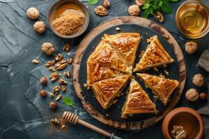 ai genererad traditionell arabicum efterrätt baklava med honung och valnötter. foto