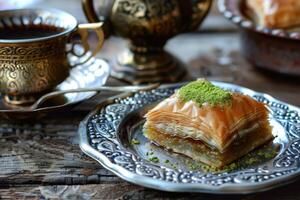 ai genererad traditionell arabicum efterrätt baklava med honung och valnötter. foto