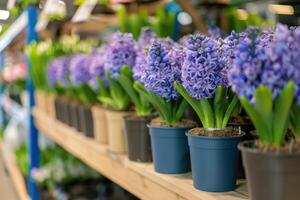 ai genererad många blå violett blommande hyacinter i kastruller är visas på hylla i floristisk Lagra eller på gata marknadsföra. foto