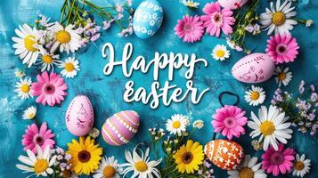 ai genererad Lycklig påsk hälsningar med färgrik ägg och vår blommor foto