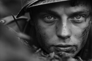 ai genererad gripande krigstid porträtt, offra och mod i en soldatens emotionell fotografera från de andra bra krig, en kraftfull skildring av mänsklig vägtull och elasticitet mitt i bekämpa för frihet foto