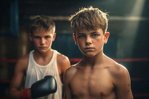 ai genererad boxare pojke med en sparring partner på en Gym ringa bakgrund foto