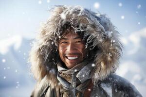 ai genererad leende asiatisk man i eskimo klädsel. glad vinter- stunder foto