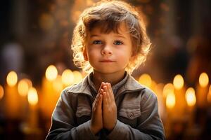 ai genererad kristen pojke bön- i en kyrka. trogen ögonblick foto