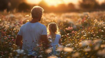 ai genererad man och liten flicka gående genom fält av blommor foto