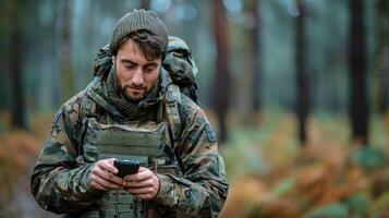 ai genererad man i kamouflage jacka ser på cell telefon foto