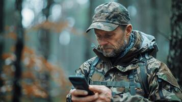 ai genererad man i kamouflage jacka ser på cell telefon foto