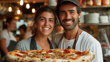 ai genererad man och kvinna innehav stor pizza foto