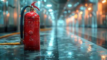 ai genererad röd brand eldsläckare på våt golv foto