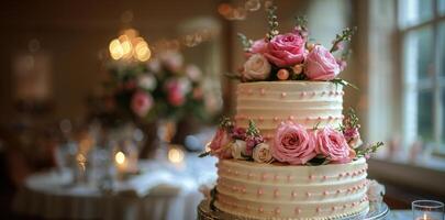 ai genererad bröllop kaka Utsmyckad med rosa och vit blommor foto