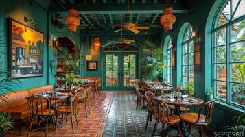 ai genererad restaurang med grön väggar och trä- tabeller foto