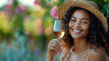 ai genererad kvinna i sugrör hatt innehav glas av vin foto