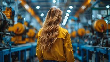 ai genererad kvinna stående i fabrik observera maskineri foto