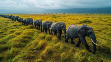 ai genererad elefanter marscherande genom frodig grön fält foto