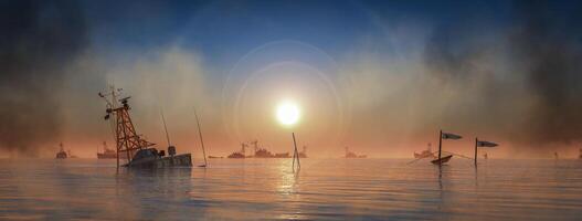 solnedgång på hav. nautisk skymning med delvis nedsänkt båt och avlägsen flotta foto